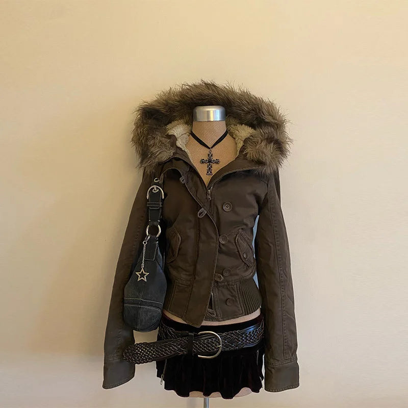 Braune Damen Slim Fit Vintage Pelzkragen Jacke Reißverschluss Kpop Y2K High Street Chic Oberbekleidung für Frauen Teenager, Herbst Winter Geschenk