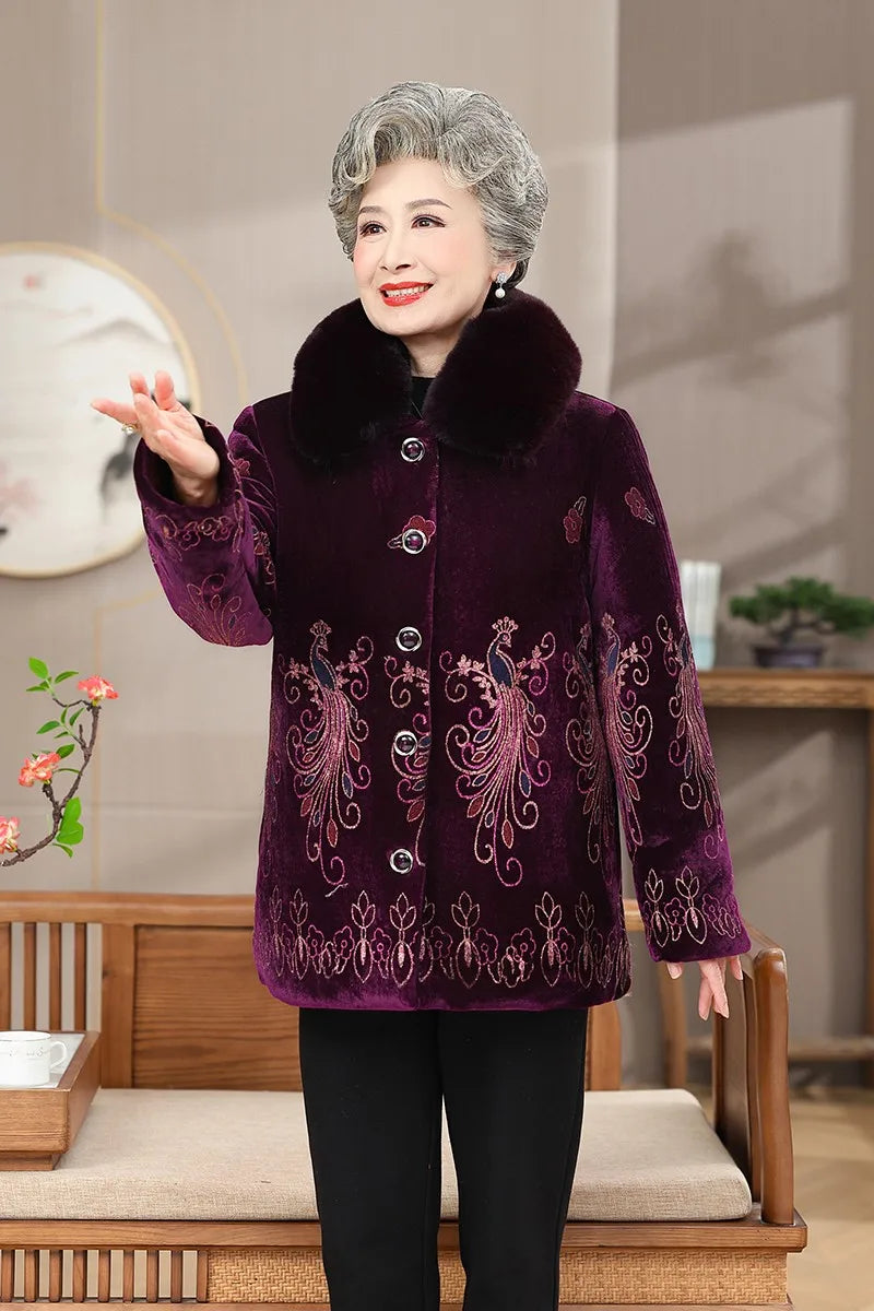 Winter-Damenjacke mit Baumwollpolsterung, 50 bis 80 Jahre alt, Oma-Mantel, dicker Samt, warm, mittleres Alter, Mutterpositionierung, Blumenparka