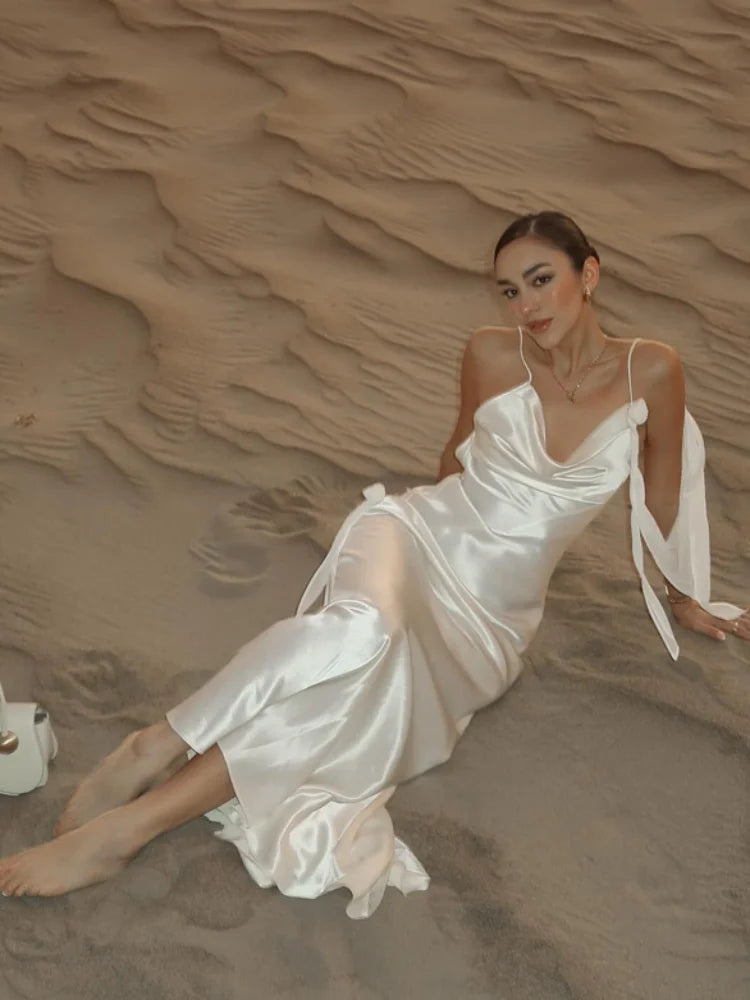 Elegantes 3D-Blumen-rückenfreies Kleid für Damen, figurbetont, Swing-Kragen, ärmellos, weiße Schlinge, Maxi-Robe, 2025, Sommer-Dame, Evevning, Vestidos
