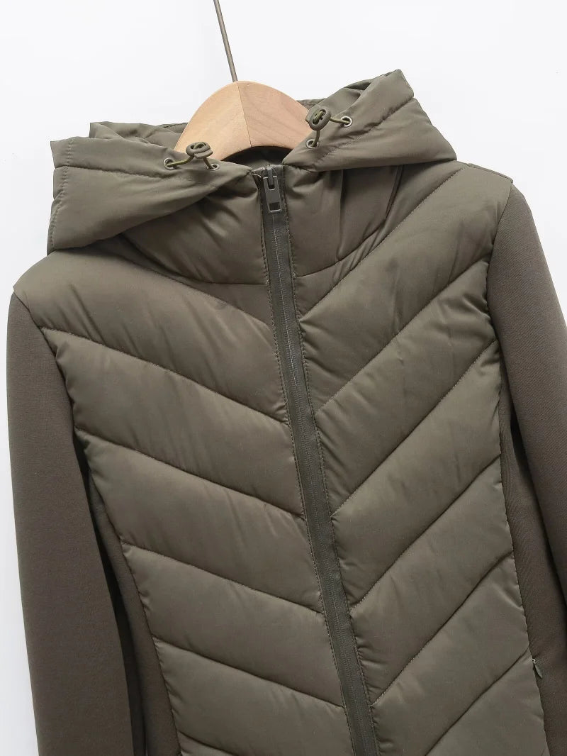 ETJ 2025 neue Damen-elegante Mode-Patchwork-Langarm-Stehkragen-Baumwolljacke mit Kapuze, Sportmantel 8073227