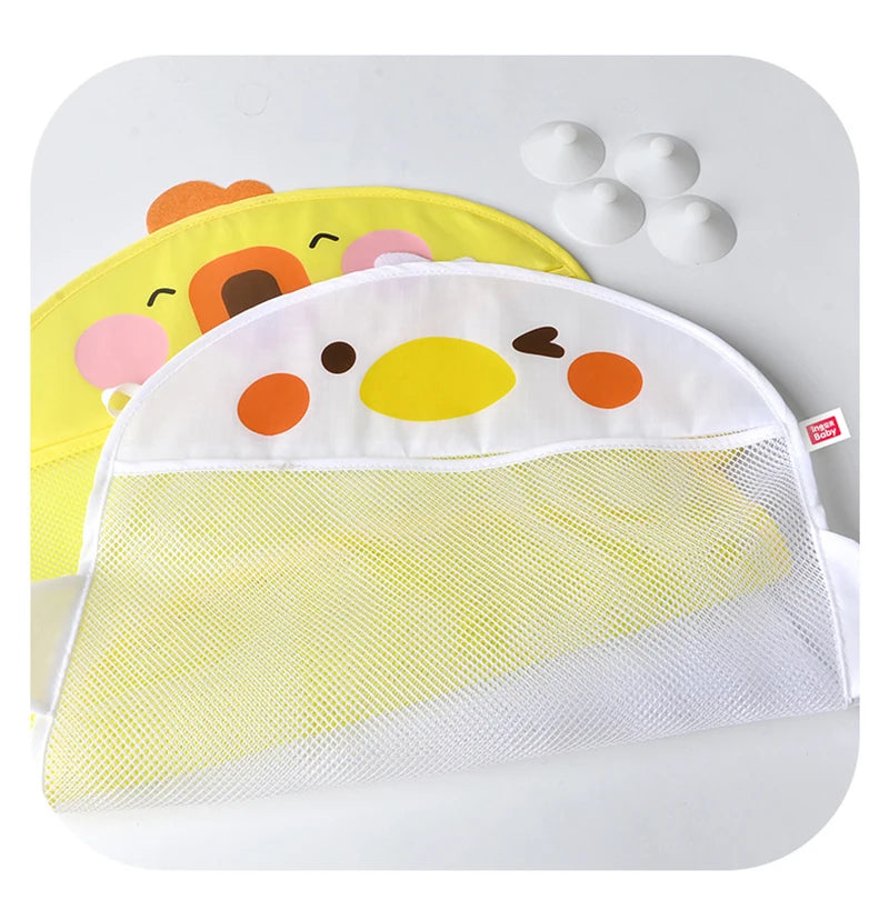 QWZ Neue Cartoon Ente Baby Badezimmer Mesh Tasche Sucker Design Für Bad Spielzeug Kinder Tier Formen Tuch Sand Spielzeug Lagerung Net Tasche