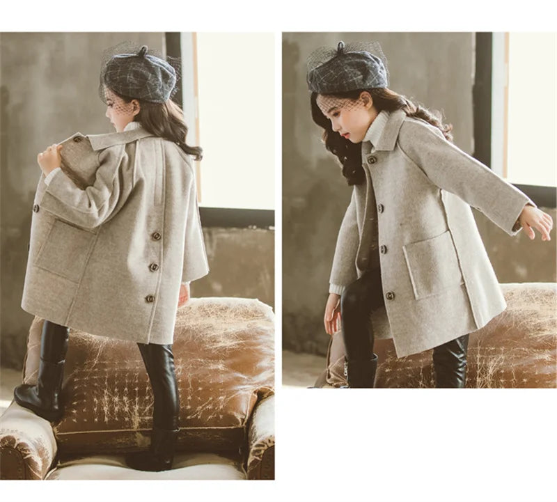 Mädchen Wolle warme Mäntel Kinder Herbst Winter lässige Oberbekleidung Kinder feste Farbe Mode Jacke Teen Turndown Kragen Kleidung
