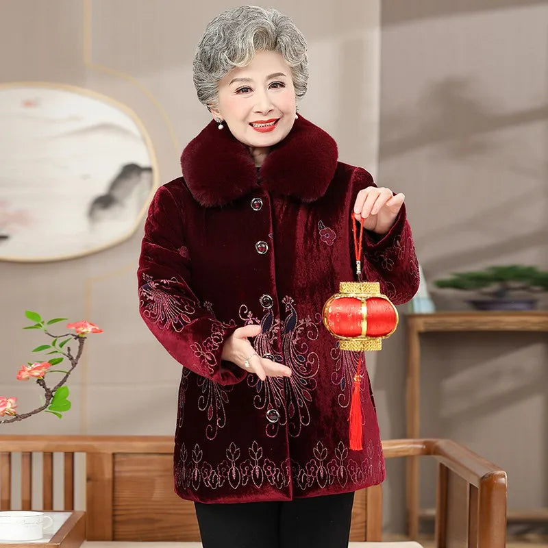 Winter-Damenjacke mit Baumwollpolsterung, 50 bis 80 Jahre alt, Oma-Mantel, dicker Samt, warm, mittleres Alter, Mutterpositionierung, Blumenparka