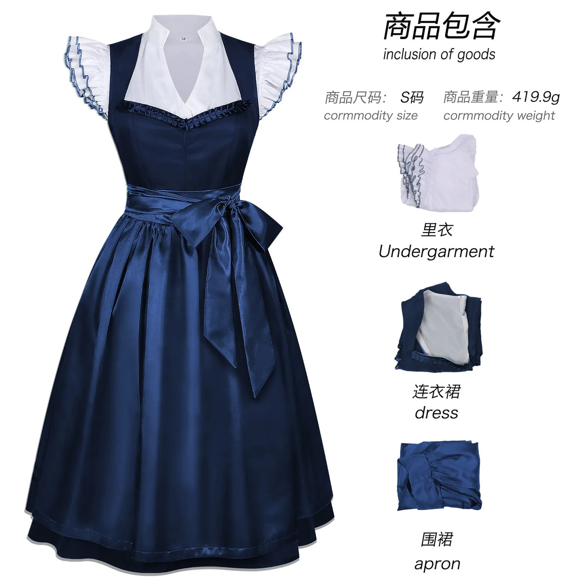 Damen-Dirndlkleid im mittelalterlichen Stil, deutsches Oktoberfest- und bayerisches Kleid mit Oberteil und Schürze, Kostüm für Halloween, Übergrößenkleid