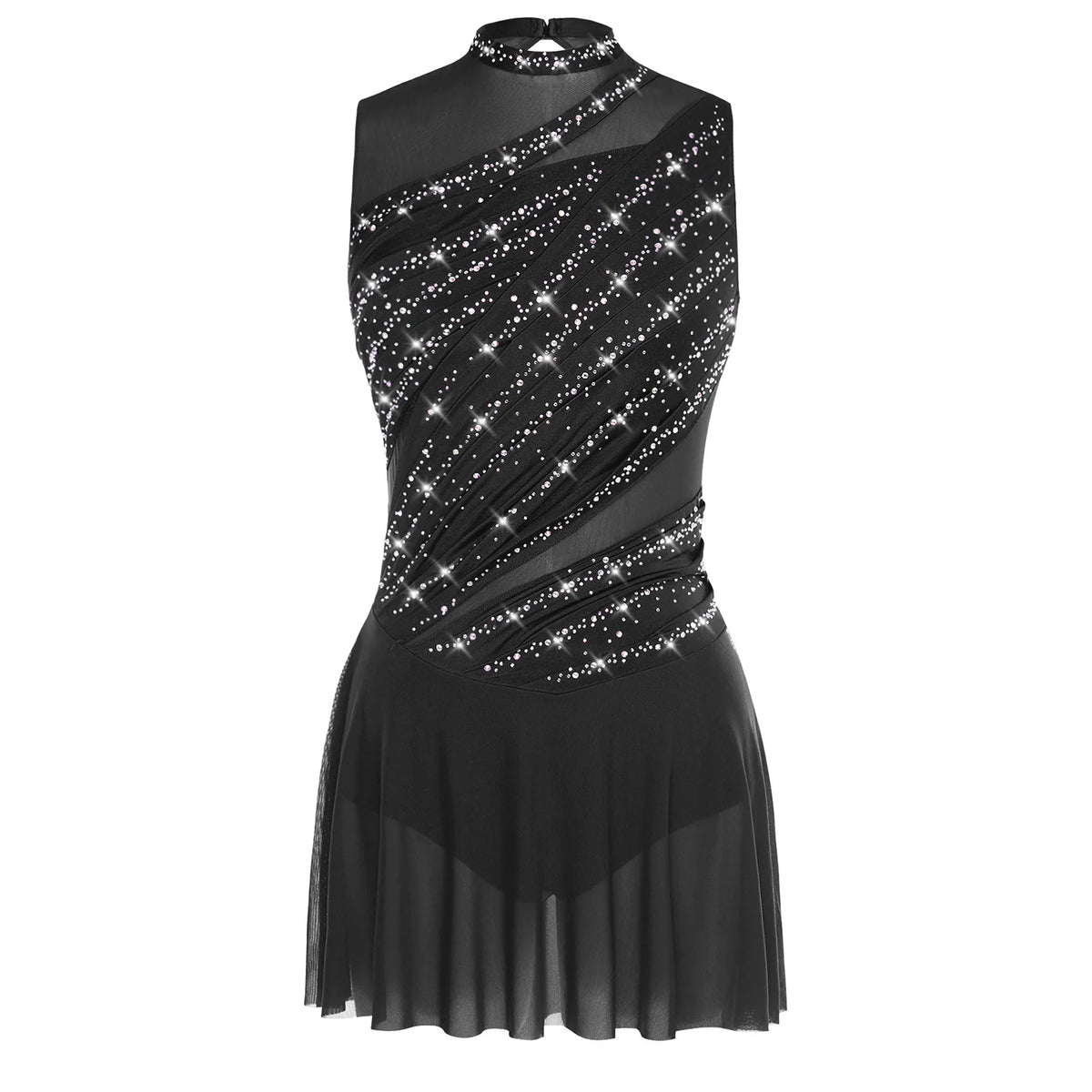 Damen-Ballettkleid mit Rüschen, lyrisches Tanzkleid, runder Kragen, ärmellos, Strass, rückenfrei, für Bühnenauftritte, Wettbewerb