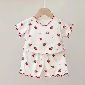 Erdbeer-Pyjama-Set für Babymädchen, Sommer, kurzärmelig, dünn, zweiteilig, Kleinkinder-Schlafanzug, Baby-Heimkleidung