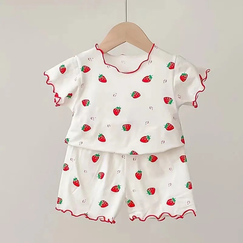 Erdbeer-Pyjama-Set für Babymädchen, Sommer, kurzärmelig, dünn, zweiteilig, Kleinkinder-Schlafanzug, Baby-Heimkleidung
