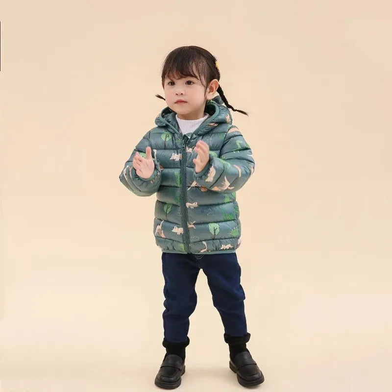 Kinder Jungen Baby Mit Kapuze Leichte Daunenjacken Warme Oberbekleidung Herbst Kinder Mädchen Mäntel Cartoon Dinosaurier Druck Freizeitkleidung