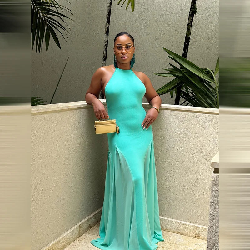 Damen Neckholder-Maxikleid mit offenem Rücken, geripptem Strickoberteil und fließendem Chiffon-Saum – figurbetontes Sommer-Abendkleid für Urlaub und Party