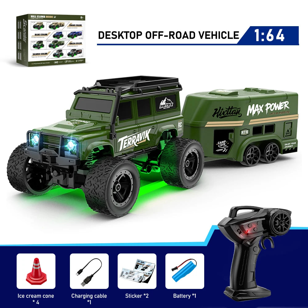 1:64 ferngesteuertes Geländewagen, 2,4 G Mini-Desktop-Fernbedienung, Spielzeugauto mit Abschleppkasten, Weihnachtsgeschenk für Kinder
