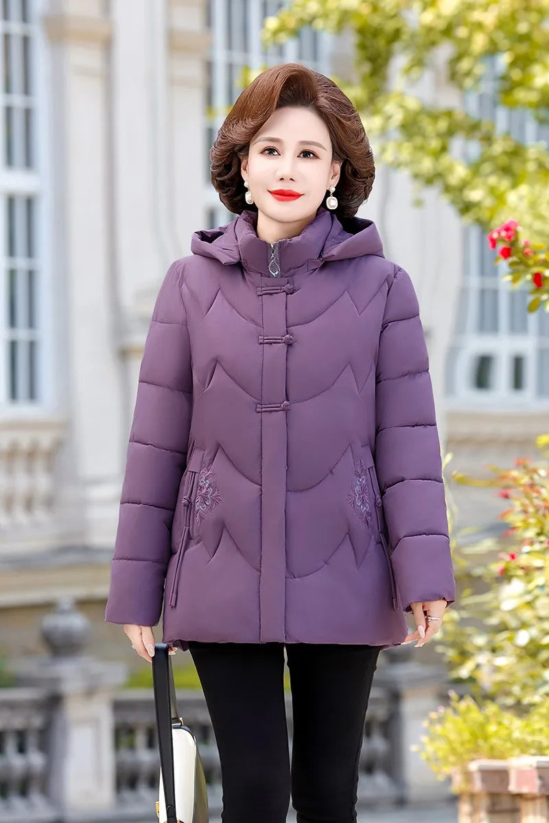 Frauen Winter Puffer Baumwolle Gefütterte Jacke Oma Mit Kapuze Fleece Dicke Parkas Warme Lose Retro Stickerei Schnee Mantel Lose Weibliche