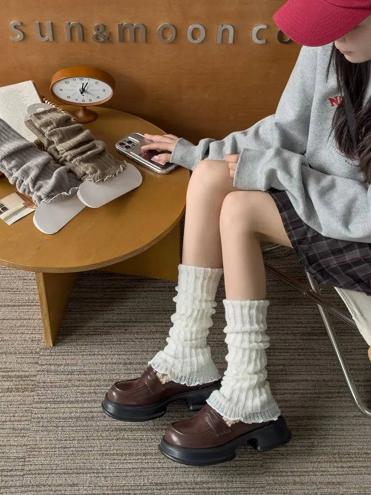 Herbst Winter Damen Beinwärmer Schwarz Weiß Gestrickte Fußabdeckung Lange Socken JK Japanische Mode Lolita Süße Mädchen Beinwärmer Neu