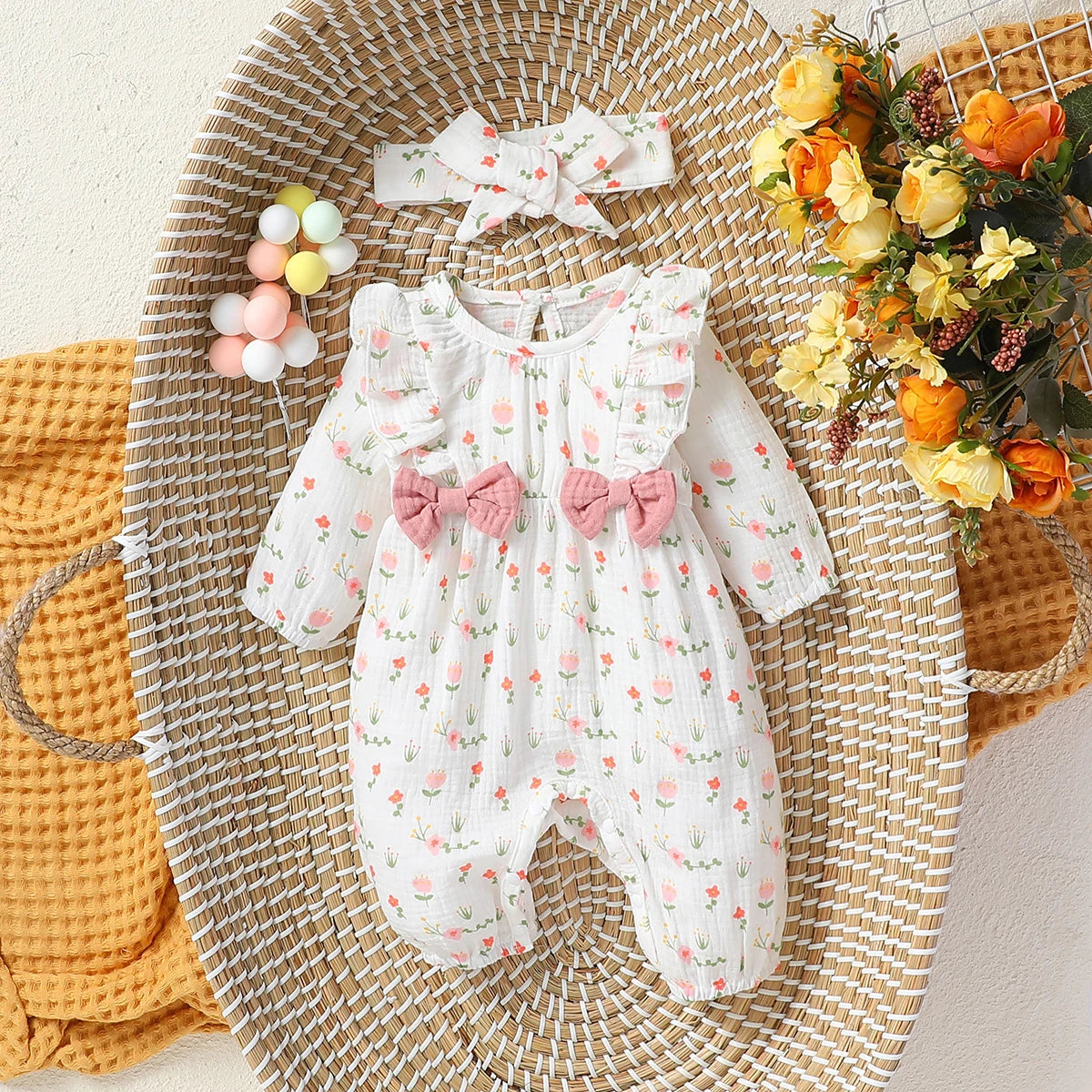 Baby-Mädchen-Overall für alle Jahreszeiten, langärmelig, mit Blumenmuster und Schleife, täglicher Overall für Neugeborene, 6 Monate Kleidung + Stirnband