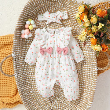 Baby-Mädchen-Overall für alle Jahreszeiten, langärmelig, mit Blumenmuster und Schleife, täglicher Overall für Neugeborene, 6 Monate Kleidung + Stirnband