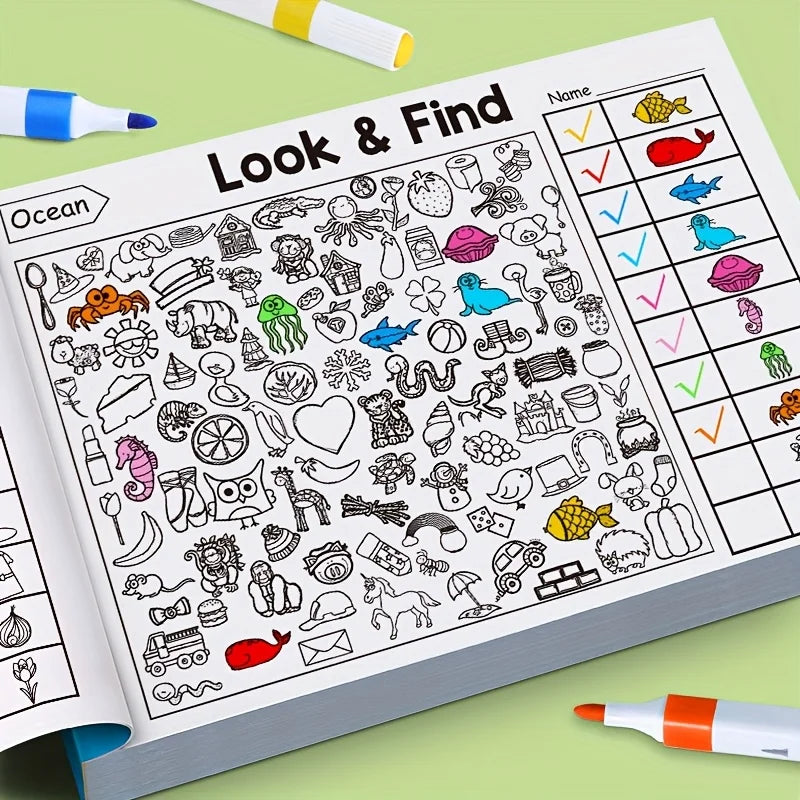 Malbuch für versteckte Gegenstände für Kinder, enthält mehr als Such- und Malaktivitäten – interaktives Such- und Malaktivitätsarbeitsbuch, geeignet für Schule, Zuhause, Reisen – pädagogisches Puzzlebuch, Malübun