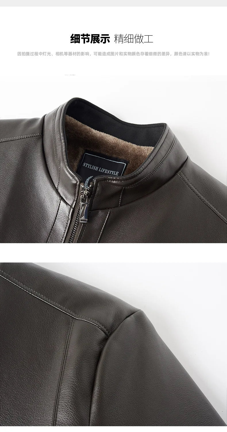 Verdickte Fleece-gefütterte Stehkragen Herren-Lederjacke Winter warmer Mantel für Papa und Opa PU-Leder City Style Casual Outwe