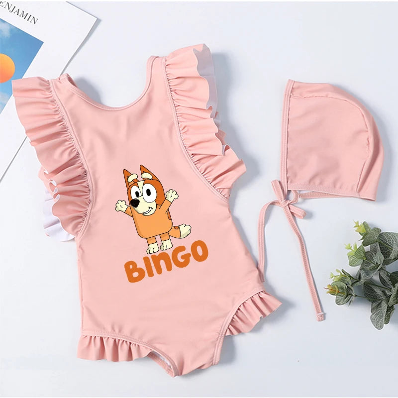 Cartoon Bluey Mädchen Sommer-Badeanzüge Kinder Einteilige & Bikini-Sets mit Badekappe Strandkleidung Bademode für Kinder