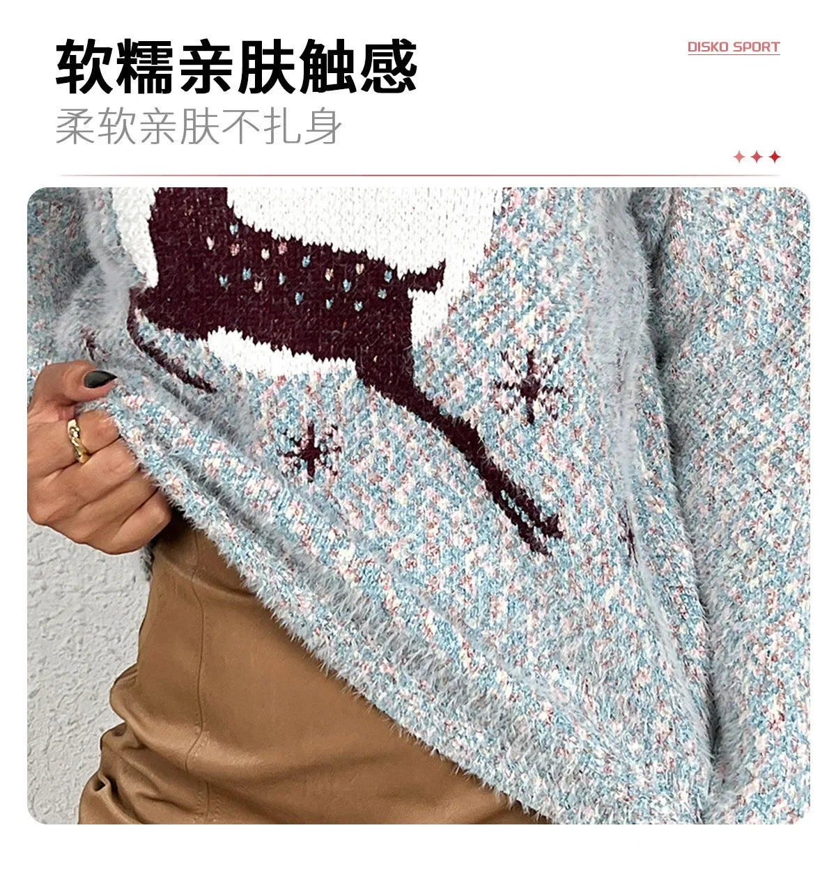 Vintage Herbstmode Damen Mittelhochgeschlossener Pullover mit Elch-Weihnachtsmotiv, Langarm-Sweater, Herbstkleidung für Frauen
