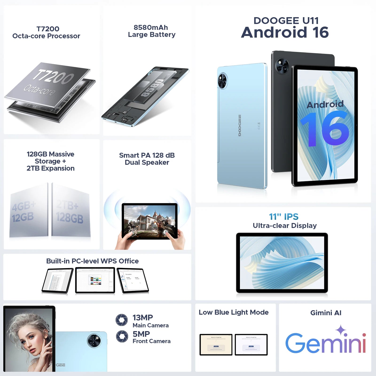 DOOGEE U11 Tablet 11 Zoll Ultra-Klares 90Hz Display 16GB 128GB 8580mAh Akku Unisoc T7200 Dual-Lautsprecher Widevine L1 Android 16 Pad