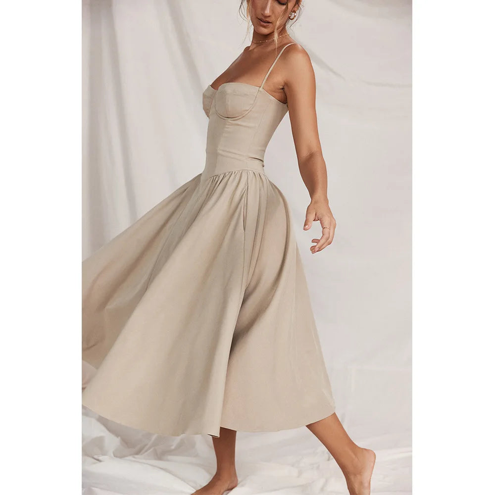 Sommer Frauen elegante ärmellose rücken freie Falten kleider Dame sexy feste Schlinge Midi-Kleid 2024 weibliche Party Abend A-Linie Roben