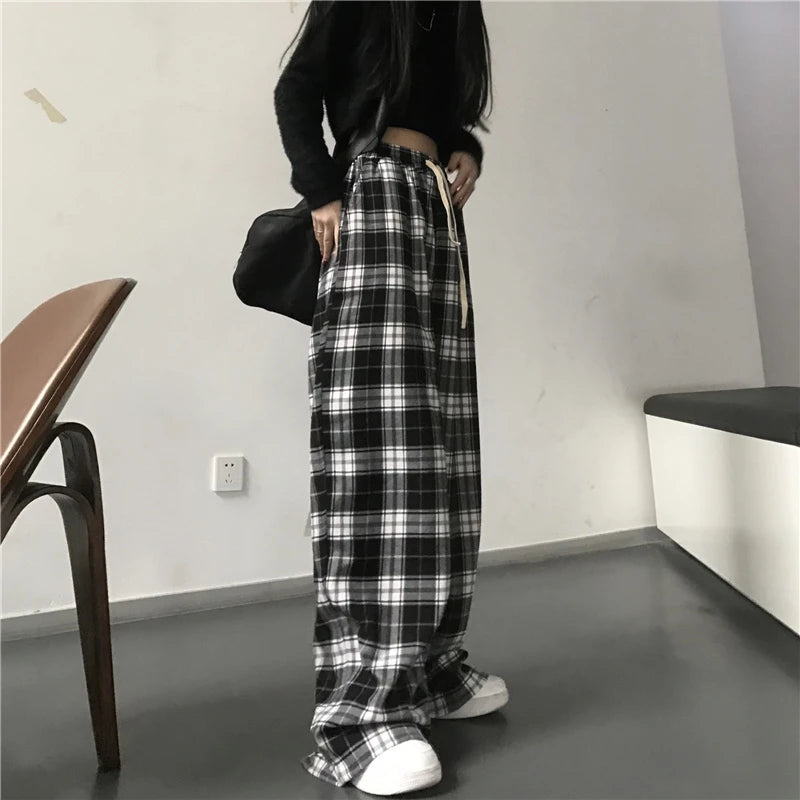 Oversize Frauen Jogginghose Mode Schwarz Plaid Casual Hosen Baggy Elastische Taille Taschen Student Unisex Hip Hop Lose Hosen