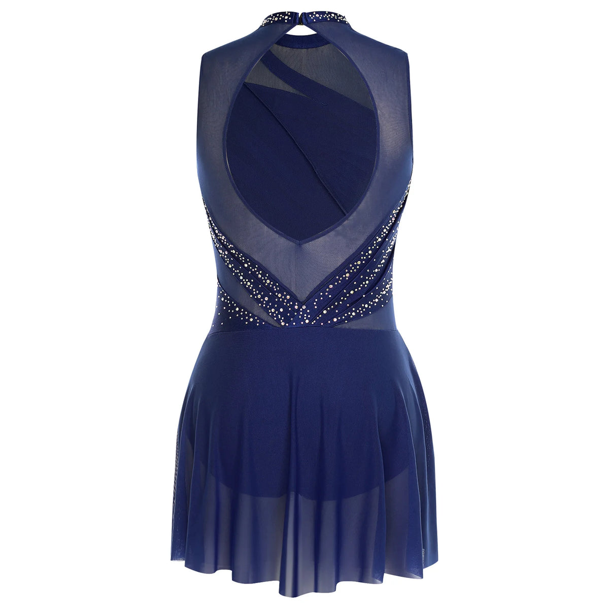 Damen-Ballettkleid mit Rüschen, lyrisches Tanzkleid, runder Kragen, ärmellos, Strass, rückenfrei, für Bühnenauftritte, Wettbewerb