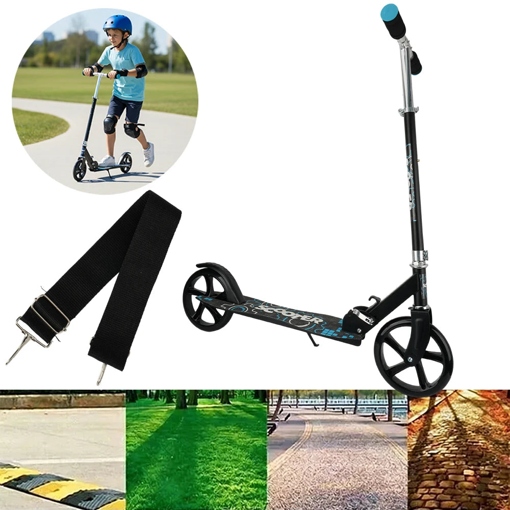 Der Roller ist höhenverstellbar und verfügt über ergonomische Lenker und eine Hinterrad-Reibungsbremse.