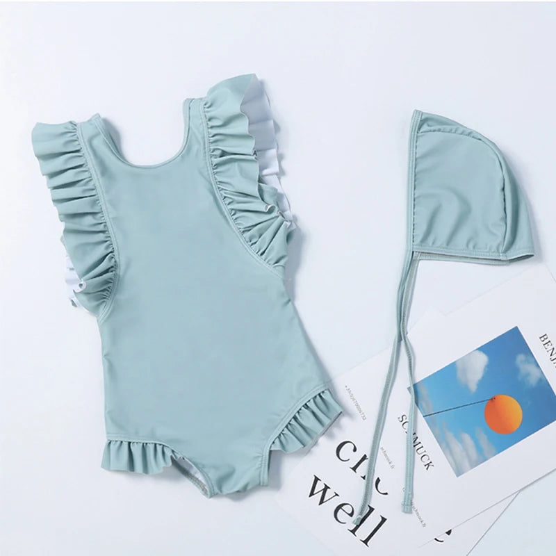 Cartoon Bluey Mädchen Sommer-Badeanzüge Kinder Einteilige & Bikini-Sets mit Badekappe Strandkleidung Bademode für Kinder