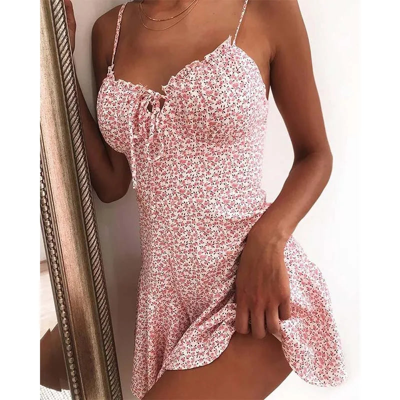 Mini-Kleider in A-Linie mit Blumenmuster, sexy Damen-Dating-Kleid, trägerloses, rückenfreies Kleid, Boho, einfarbig, Strandkleidung