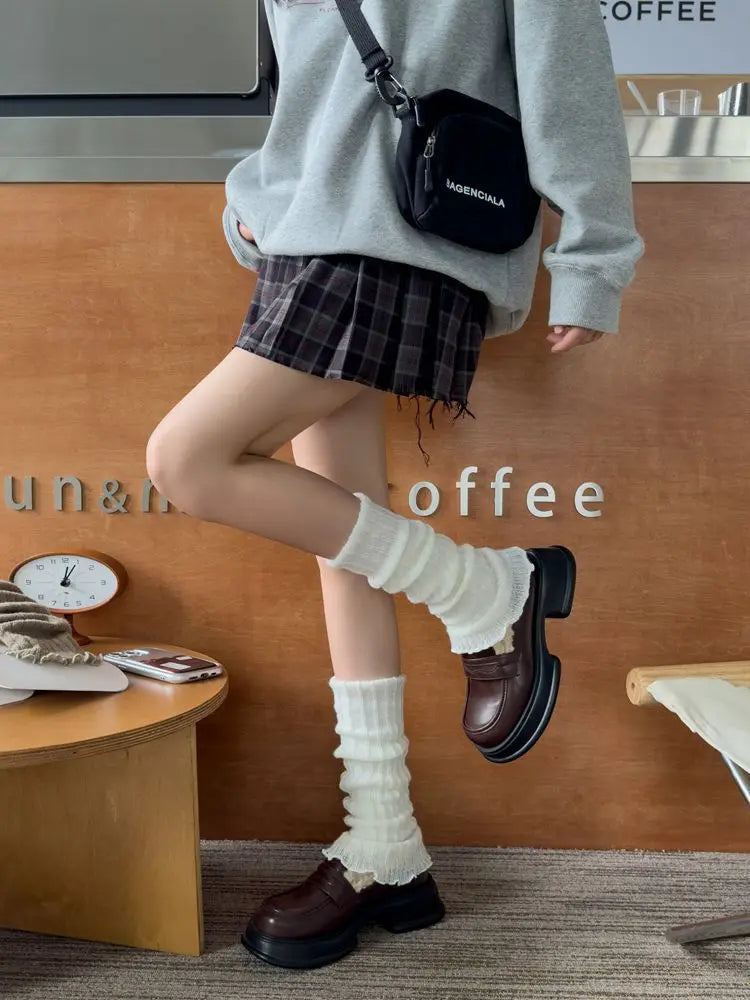 Herbst Winter Damen Beinwärmer Schwarz Weiß Gestrickte Fußabdeckung Lange Socken JK Japanische Mode Lolita Süße Mädchen Beinwärmer Neu