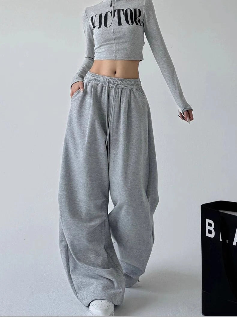 Y2K Harajuku Breite Bein Jogginghose Frauen Streetwear Baggy Oversize Grau Sport Hosen Hohe Taille Kordelzug Casual Jogger Hosen