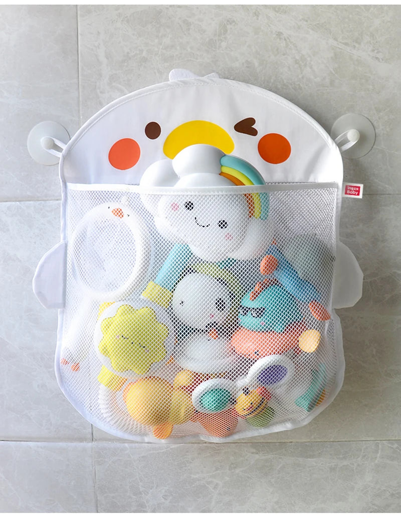 QWZ Neue Cartoon Ente Baby Badezimmer Mesh Tasche Sucker Design Für Bad Spielzeug Kinder Tier Formen Tuch Sand Spielzeug Lagerung Net Tasche