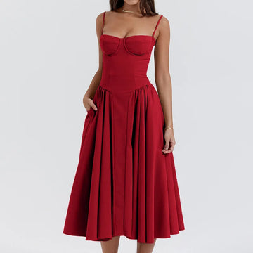 Sommer Frauen elegante ärmellose rücken freie Falten kleider Dame sexy feste Schlinge Midi-Kleid 2024 weibliche Party Abend A-Linie Roben