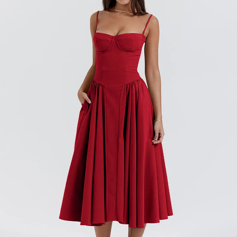 Sommer Frauen elegante ärmellose rücken freie Falten kleider Dame sexy feste Schlinge Midi-Kleid 2024 weibliche Party Abend A-Linie Roben