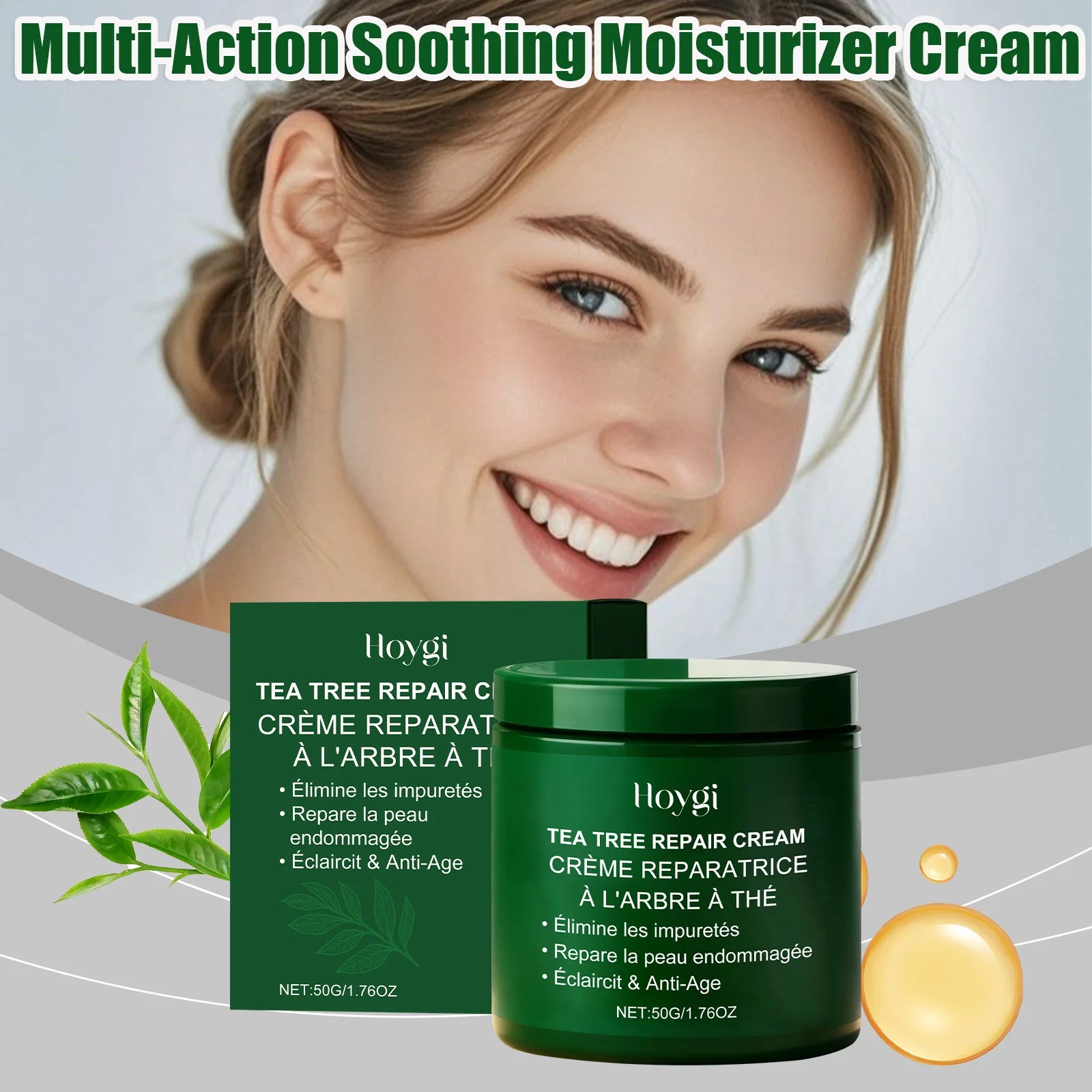 Multi-Action beruhigende Reparaturcreme für das Gesicht, Teebaumcreme, Centella Ceramide Aloe Vera Feuchtigkeitscreme für empfindliche und fettige Haut
