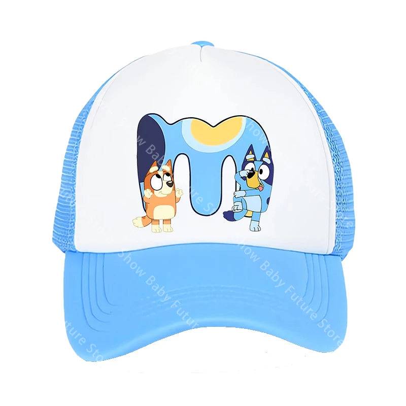 Blueys Baseballkappen für Erwachsene, Jungen und Mädchen, Kawaii-Buchstaben, zwei Größen, atmungsaktive Sport-Mesh-Mütze, niedlicher Cartoon-Anime-Sonnenhut, Geschenke