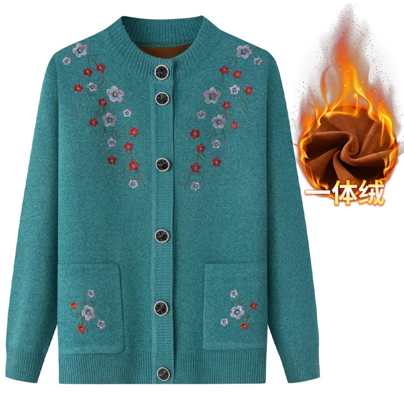 Frühling Herbst Top Frauen Ältere Mutter der Bestickt Gestrickte Pullover Oma Winter Plus Samt Dicke Strickjacke Mantel XL-4XL
