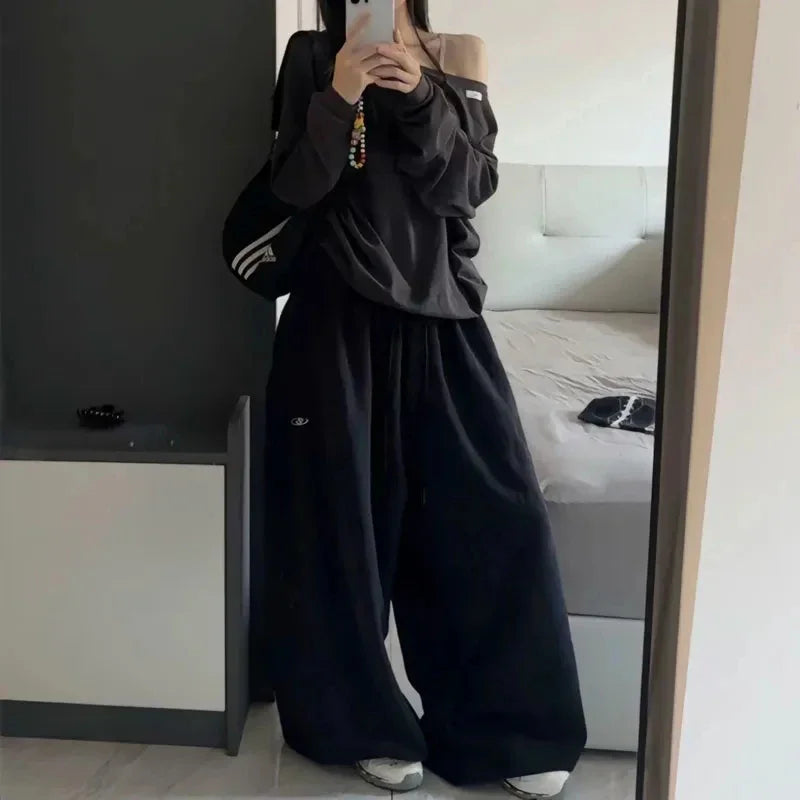 Amerikanischen Retro Hip-Hop Übergroßen Frau Schwarz Casual Jogginghose Koreanische Streetwear Lose Jogging Hosen Hohe Taille Breite Bein Hosen