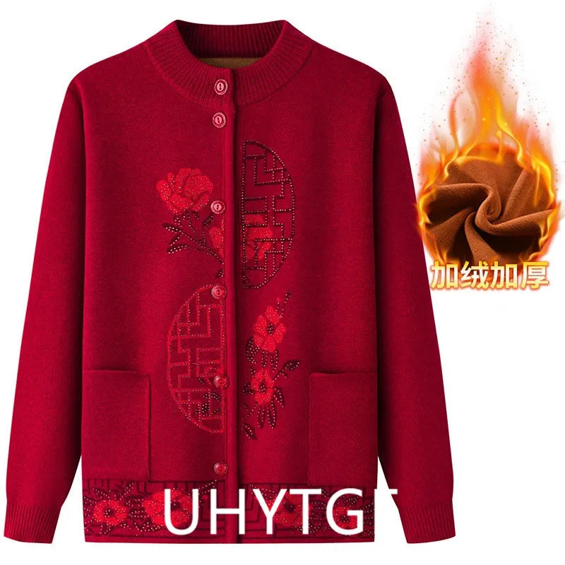 2025 Oma Pullover Frauen Frühling Herbst Pullover Mantel Mutter Strickjacke Für Frau Samt Strickwaren Weibliche Kleidung 5XL 2898