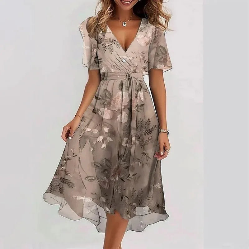 Elegantes und modisches bedrucktes knielanges Kleid für Damen 2026 – Neues, lockeres, lässiges V-Ausschnitt-Kleid mit Blumenmuster für Frauen