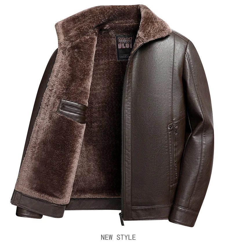 Fügen Sie Fleece und verdickende Winter-Papa-Lederjacke für Opa mittleren Alters mit Pelzkragen, Mantel für Herren mittleren Alters für Wärme hinzu