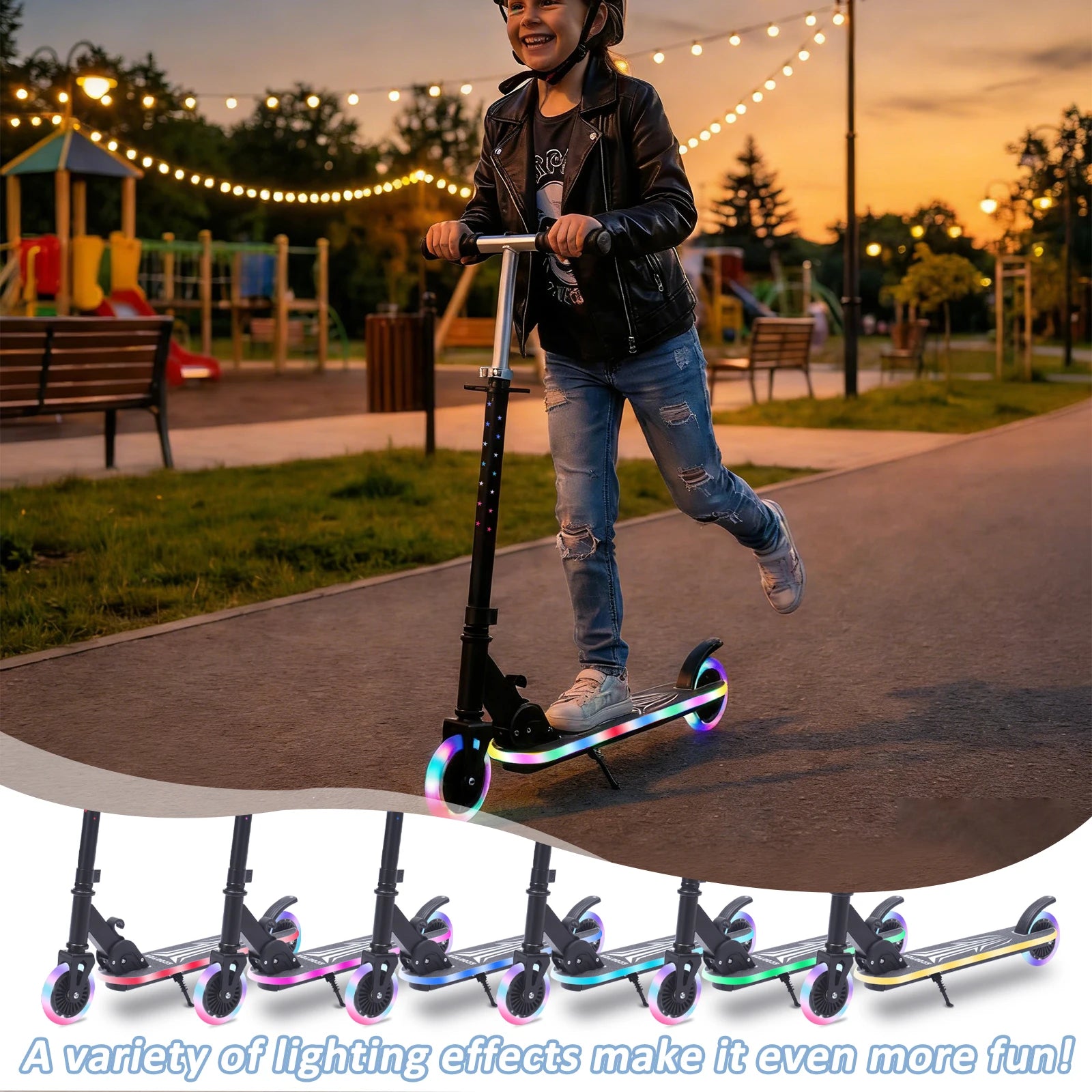 Kinderroller mit Ein-Klick-Faltmechanismus, 4-fach verstellbarer Lenker 75-90cm, Hinterradbremse, bunte Leuchträder & Pedale, 4,34-Zoll-Reifen