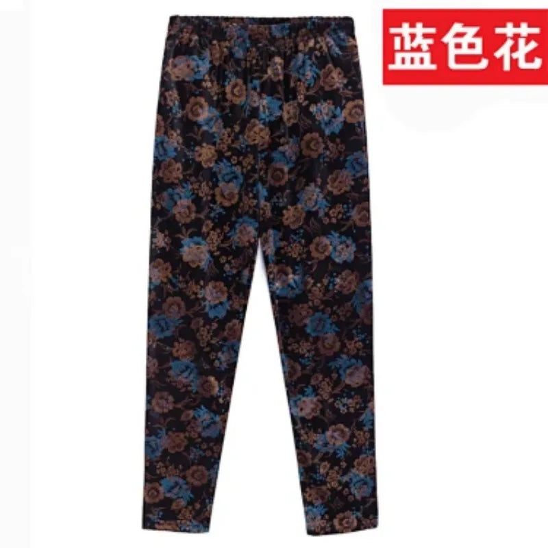 Herbst-Winter-Samthose mit Blumenmuster für Ältere Frauen, Lose Warme Verdickte Freizeithose für Oma und Mutter