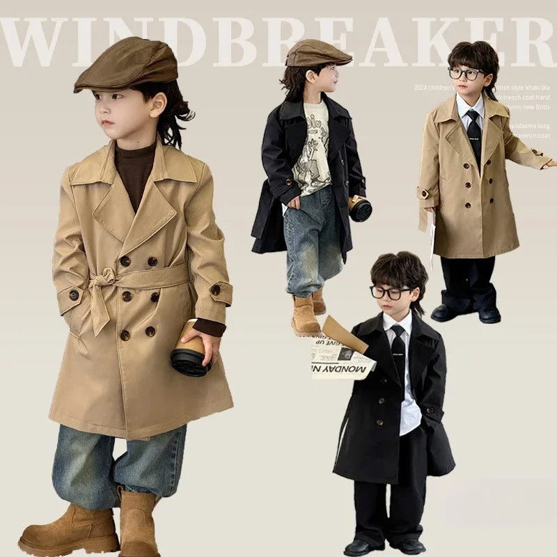 Teenager-Schultrenchcoat, Langer Stylischer Windbreaker für Jungen, Britischer Retro-Herbst-Winter-Mantel 2026, Modische Oberbekleidung für Kinder