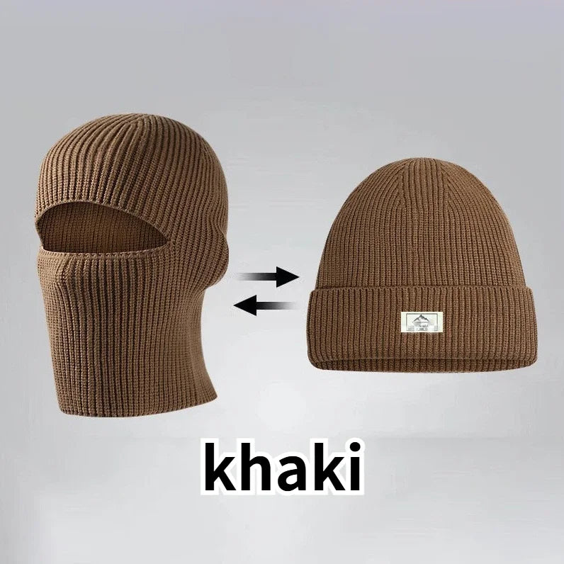 2-in-1 Winter-Maskenmütze Warme Strickmütze Winddichte Einfarbige Vollgesichts-Skimaske Taktische Fahrrad-Ohrenwärmer-Kappe