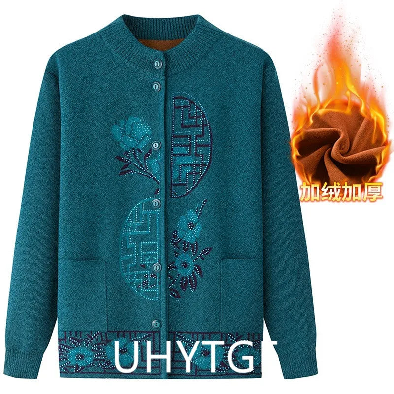 2025 Oma Pullover Frauen Frühling Herbst Pullover Mantel Mutter Strickjacke Für Frau Samt Strickwaren Weibliche Kleidung 5XL 2898