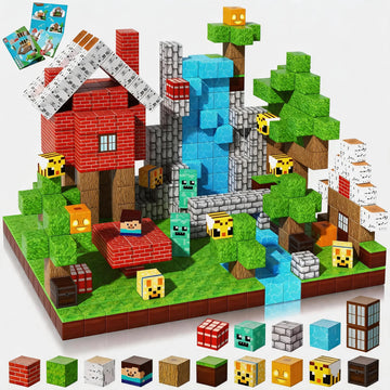 Pixel Mining Magnetisches Waldhaus-Würfel-Baustein-Set, STEM Lernspielzeug, Bestes Geschenk für Kinder ab 3 Jahren, 100 Teile