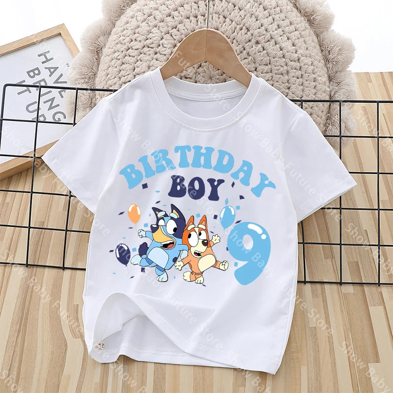 Cartoon Blueys Es ist mein Geburtstag Nummer 1-9 T-Shirt für Jungen Mädchen Sommer Kawaii Baumwollkleidung Oberteile Anime Kurzarm Süßes Geschenk