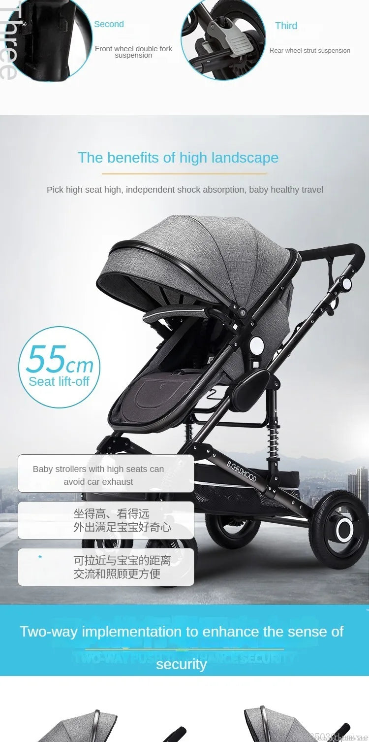 3-in-1-Kinderwagen, klappbar, beidseitig nutzbar, für alle Jahreszeiten, Kinderwagen, Babykutsche, hohe Sitzposition, für Neugeborene, Reisen