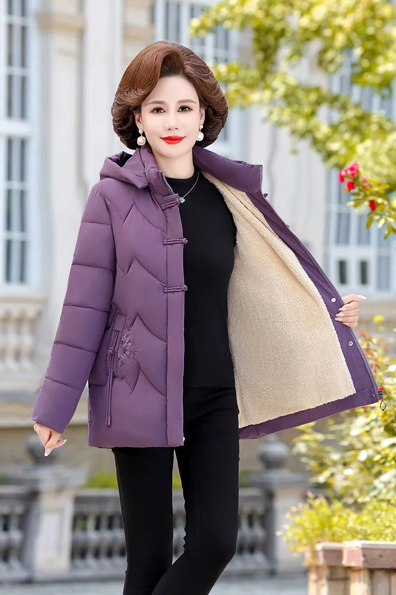 Frauen Winter Puffer Baumwolle Gefütterte Jacke Oma Mit Kapuze Fleece Dicke Parkas Warme Lose Retro Stickerei Schnee Mantel Lose Weibliche